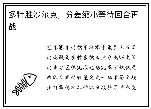 多特胜沙尔克，分差缩小等待回合再战