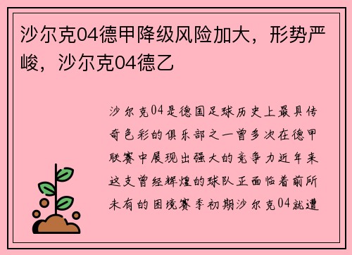 沙尔克04德甲降级风险加大，形势严峻，沙尔克04德乙