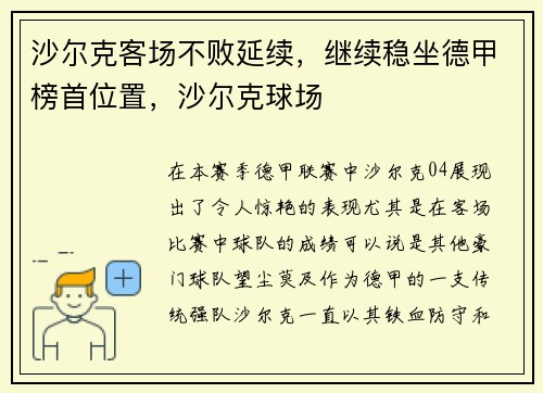 沙尔克客场不败延续，继续稳坐德甲榜首位置，沙尔克球场